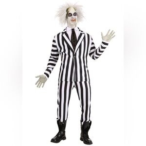 Men's Plus Size Beetlejuice Suit Classic Halloween Costume & Wig (Extra Large)